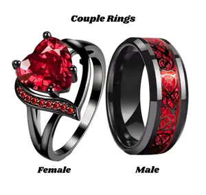 Gemstone Dragon Pattern Couple Rings Y2K Style Rings - Red Gemstone & Black Band - Perfect Valentine's Day Gift for Him & Her
