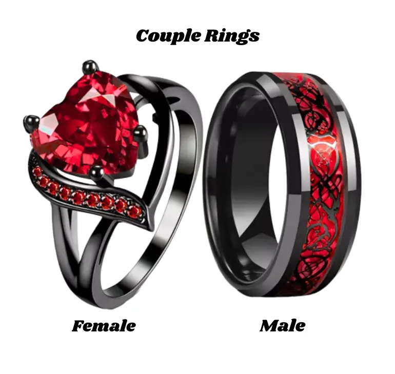 Gemstone Dragon Pattern Couple Rings Y2K Style Rings - Red Gemstone & Black Band - Perfect Valentine's Day Gift for Him & Her