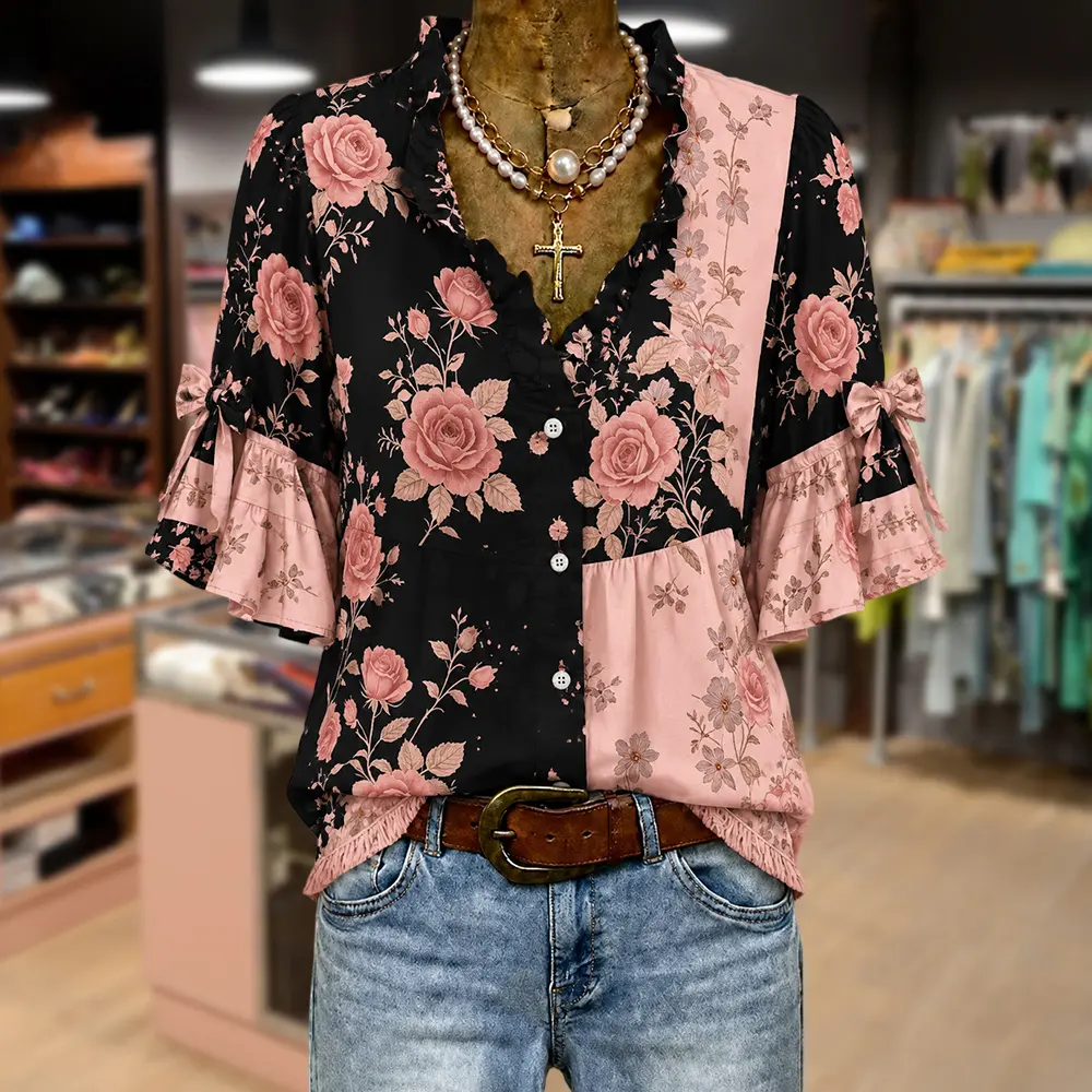 Cherrybetty Mixed Floral Print Ruffle Neck Bow Decor Half Sleeve Blouse Going Out Tops Outfit Inspo Spring Summer Fashion Comfort Elegant Outfits