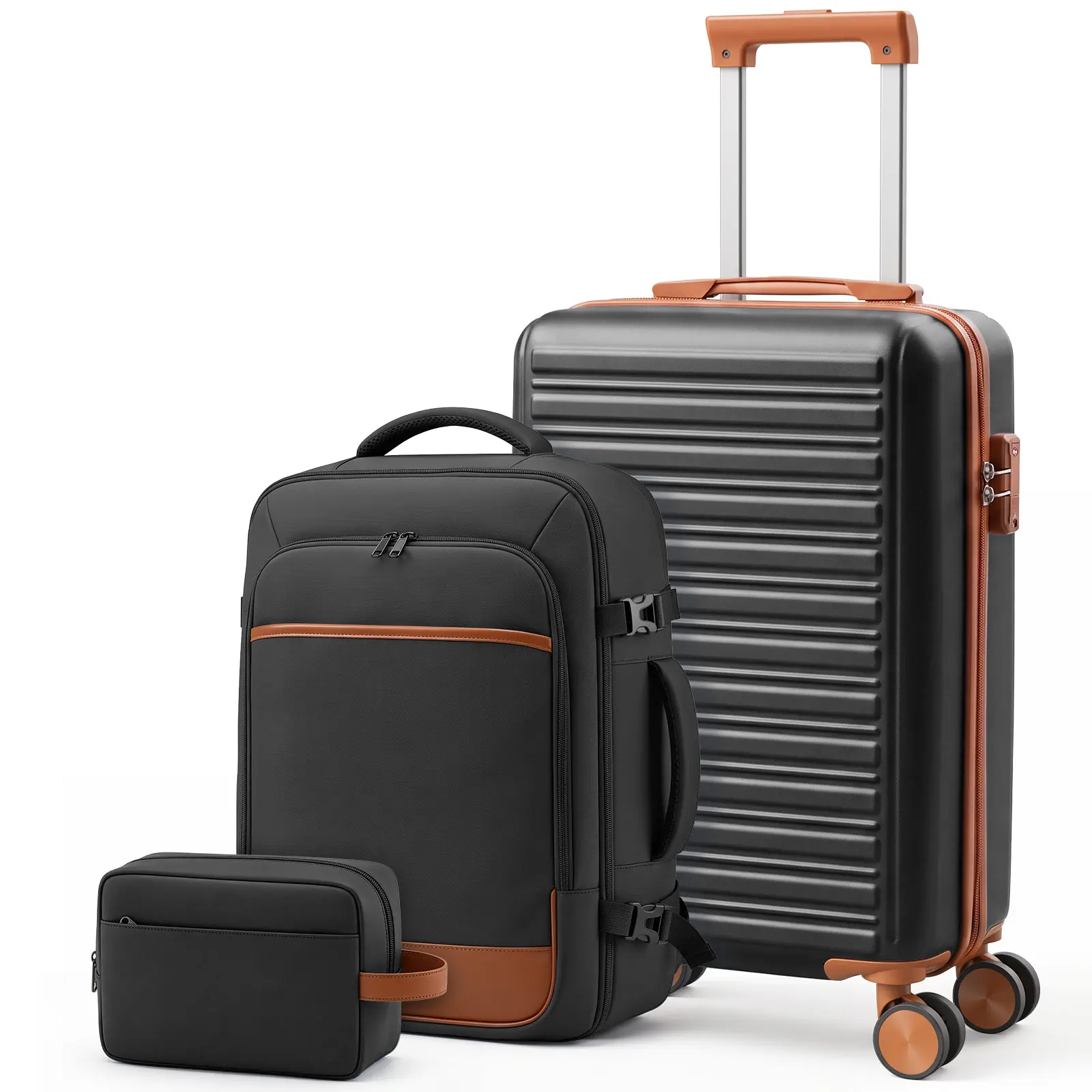 3‑Piece Luggage Set, Hard Shell Suitcase with Backpack & Toiletry Bag, TSA Lock Spinner Wheels Hardside Travel Luggage with Compression Straps for Business Trip Vacation