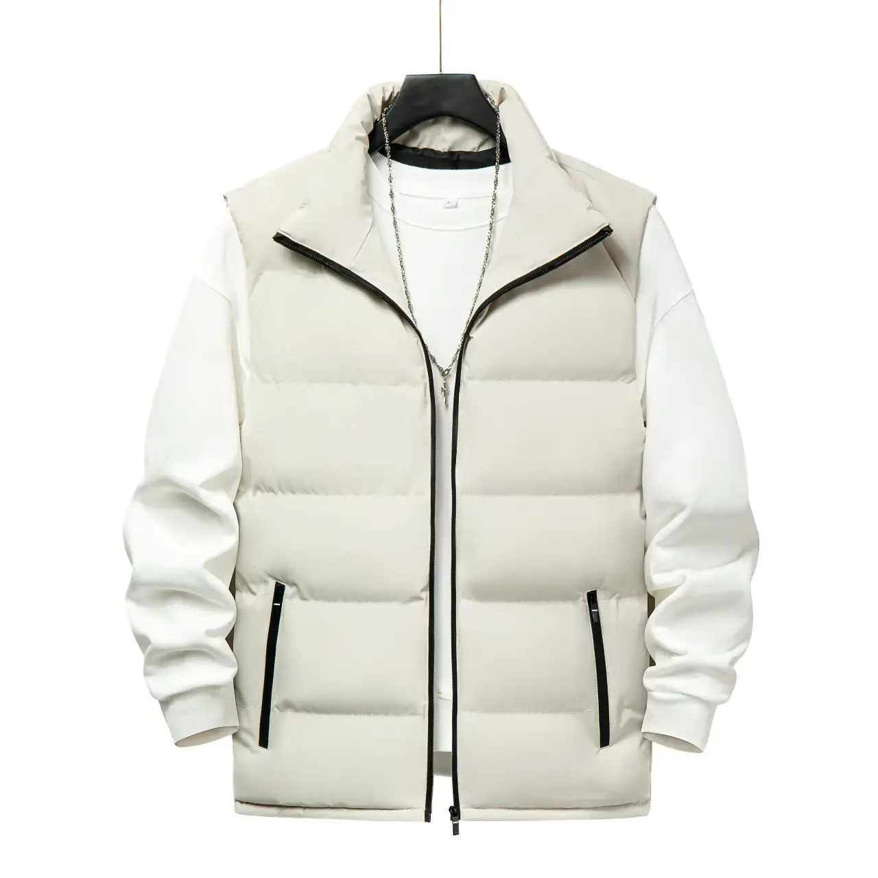Men's Fitted Quilted Puffer Vest, Woven Preppy Mock Neck Sleeveless Jacket, Heavyweight Waterproof & Windproof for Autumn Winter, Trench Coat, Zip, Fabric, Partying, Activewear, Zipper, Top, Menswear, Plain, Stylish, Casual, Polyester, All Seasons, Clothe