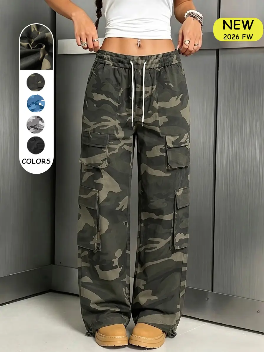 2026FW Women’s Mid-Waist Camouflage Cargo Bottoms, Retro Street Style, Baggy Loose Regular Fit, Polyester Fabric, Multiple Pockets, All-Season Casual Streetwear, Back-to-School Shopping