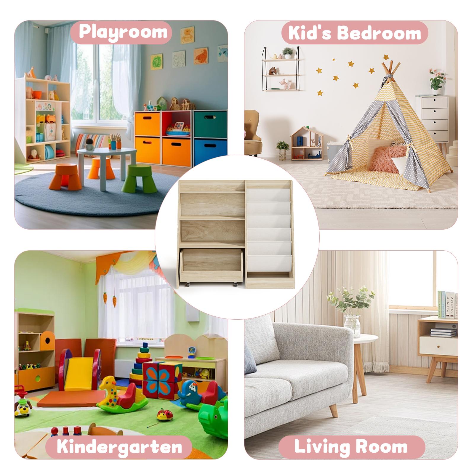 COZPAW Kids Bookshelf and Toy Storage, 4 Tier Toddler Bookshelf with Movable Drawer 5 Sling Pockets, Montessori Book Shelf for Kids Room, Playroom, Nursery (Oak)