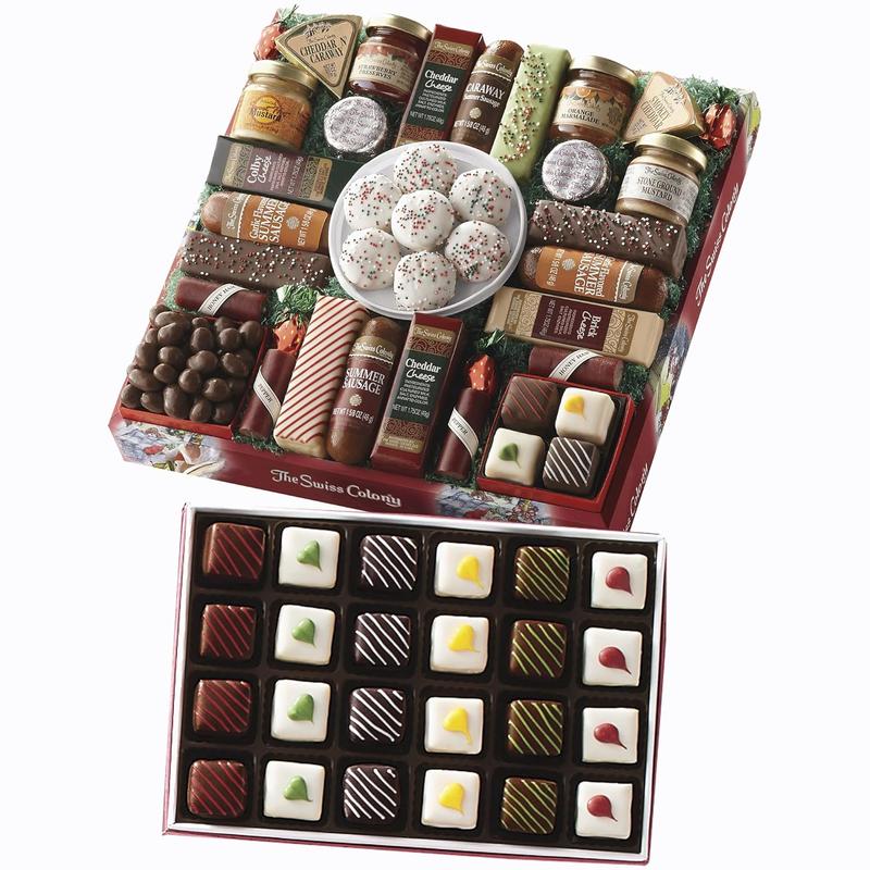 The Swiss Colony 27 Favorites and Christmas Petits Fours Gift Bundle - Assorted Cheeses, Candies, Chocolates, and Summer Sausage Meats, Chocolate Confection and Swiss Creme Gourmet Mini Layer Cakes