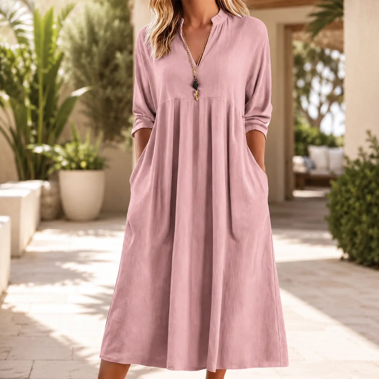Women's Casual V Neck 3/4 Sleeve Shift Dress Relaxed Fit Plain Tunic Dress Comfort Summer Knee Length Dress with Pockets