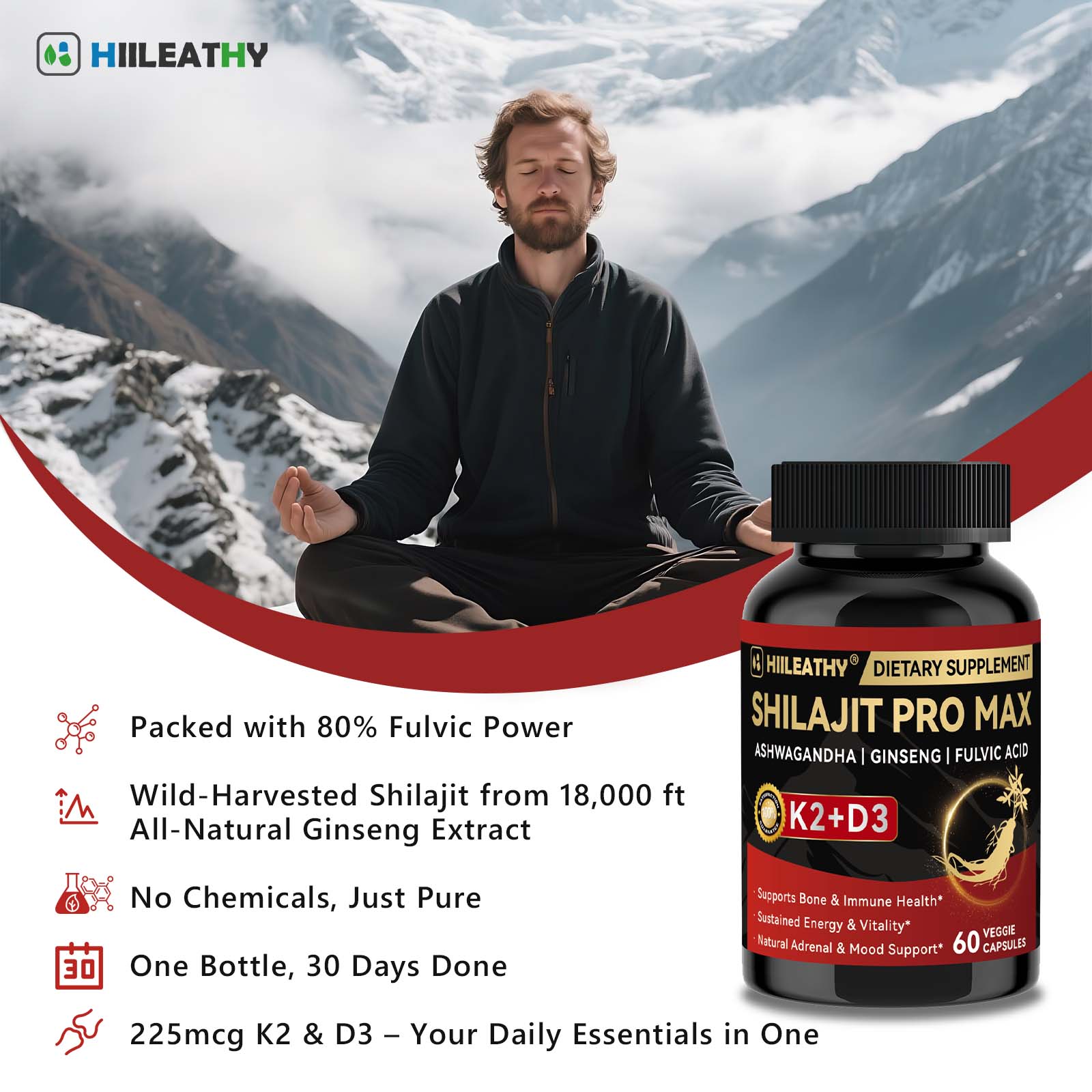HIILEATHY | Optimal*Shilajit PRO MAX with K2 & D3 - 60 Capsules - Premium Fulvic Acid & 84+ Minerals for Immune Support, Energy & Anti-Aging - USA Made
