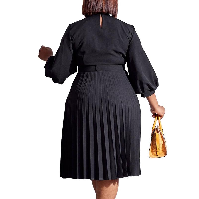 Women’s Pleated Midi Dress with 3/4 Puff Sleeves, Round Neck and Ring-Buckle Belted Waist, A-Line Silhouette with Back Keyhole — Elegant Choice for Work, Church & Wedding Guests Women’s Pleated Midi Dress with 3/4 Puff Sleeves, Round Neck and Ring-Buckle Belted Waist, A-Line Silhouette with Back Keyhole — Elegant Choice for Work, Church & Wedding Guests