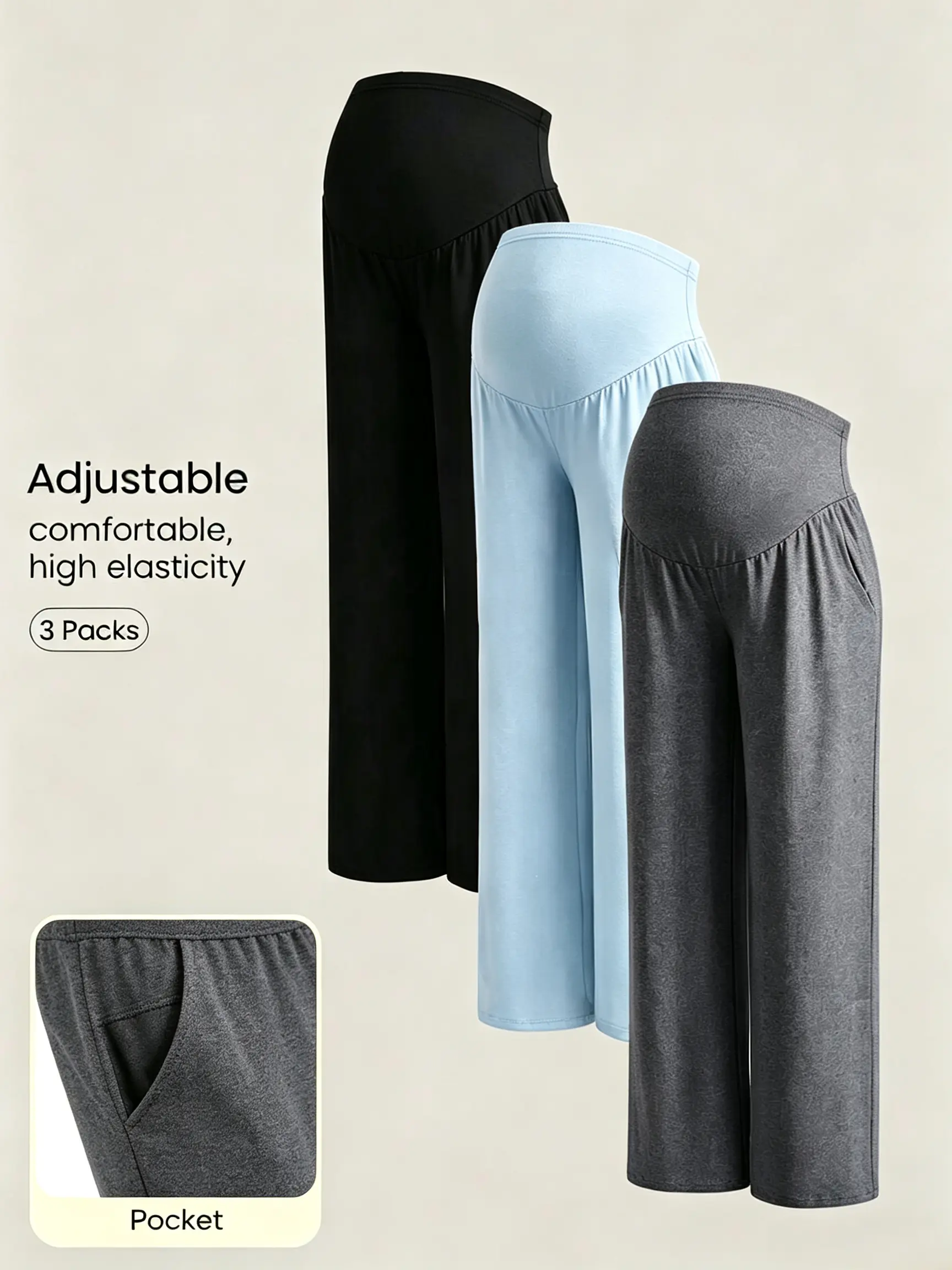 Women's Maternity 3-Piece Joggers Set - High-Waisted Maternity Clothing, Stretch Knit, Soft, Pockets, Loose Casual Fit for Everyday Wear