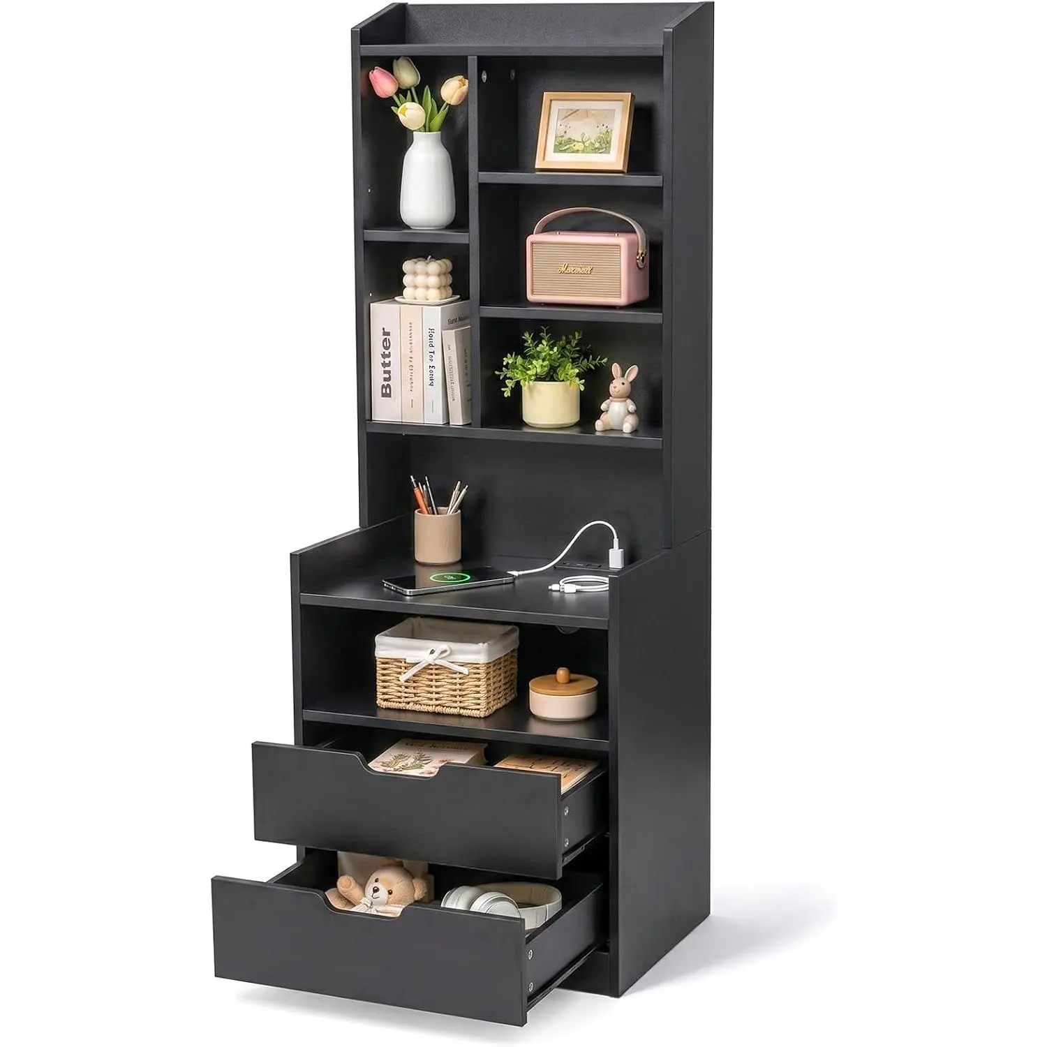 Karl Home Modern Tall Black Pine Bedside Nightstand - LED RGB Light, Charging Station, Drawers, Power Outlets, Adjustable Shelves, Handleless Design, Side Coat Hooks, Multi-Purpose LED Bedside Table for Bedrooms