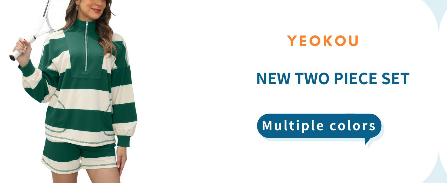 Yeokou Women's Lounge Set 2 Piece Striped Long Sleeve Quarter Zip & Short Sleeve T Shirt and Shorts for Summer & Autumn Casual Workout Tracksuit
