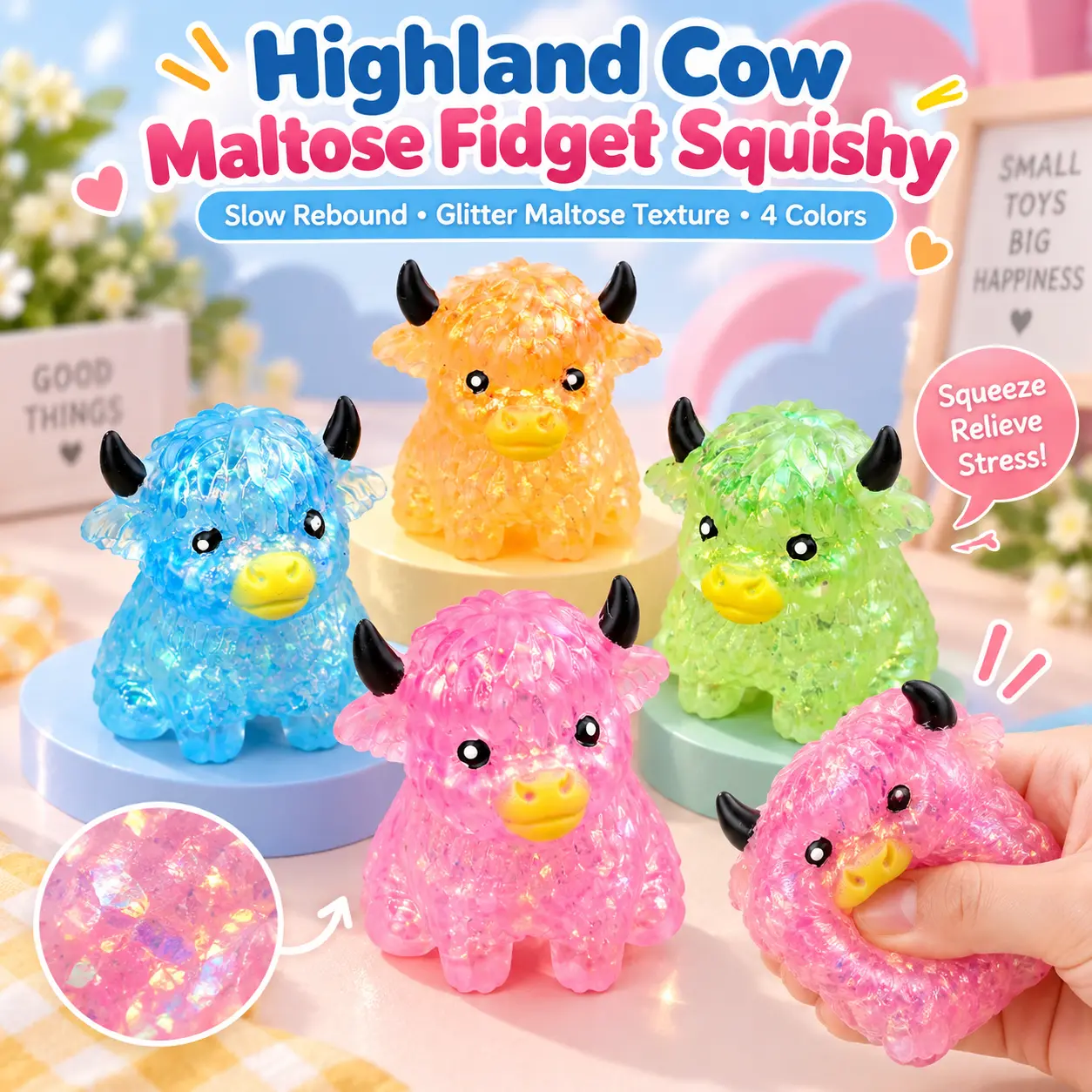 Ultra-soft, slow-rebound Highland cow squeeze toy, 2-piece gift box set, made from malt candy material, stress-relief squishy toy, assorted colors (4 types), novelty stress-relief toy, holiday party gifts for back-to-school season, Halloween, and Christma
