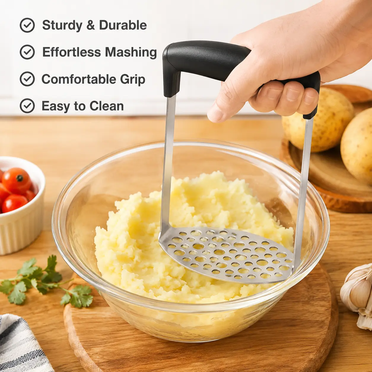 Thickened Stainless Steel Potato Masher with Holes - Non-slip Handle Kitchen Utensil for Effortless Mashing of Potatoes, Smooth Durable Vegetable Utensils for Home Daily Cooking, Easy to Clean
