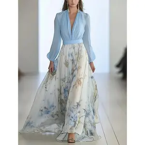 Women's Elegant Printed Chiffon Dress - Translucent V-neck Long Formal And Casual Dress, Soft Pastel,    Womenswear Knitted Polyester Pleat Fabric Wool