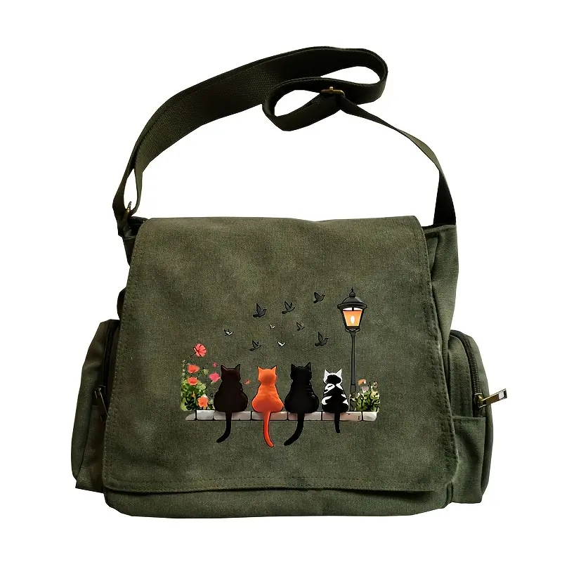 Large Capacity Shoulder Bag, Vintage Tote Crossbody Messenger Bag, Four Cats Sitting Stone Table Pattern, Perfect for Shopping Travel Dining, Stylish Crossbody Bags