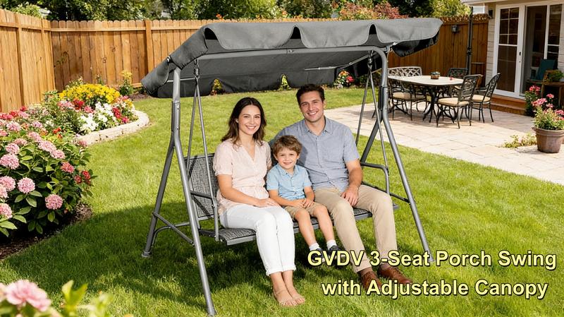 GVDV 3-Seat Porch Swing with Adjustable Canopy, Heavy-Duty Steel Frame Patio Swing Chair with Stand for Outdoor, Garden, Backyard