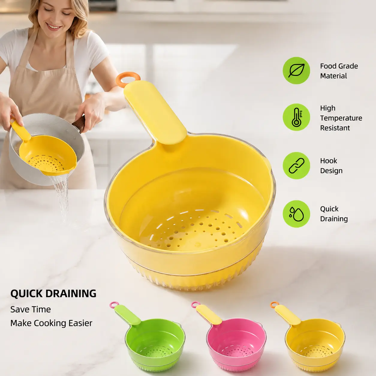 Double Layer Kitchen Colander Sieve with Filters, 1 Count, High Temperature Resistant, Handle, Hanging Hole, Basin-Style Basket Strainer for Food Draining & Transfer (Scoop-Compatible)