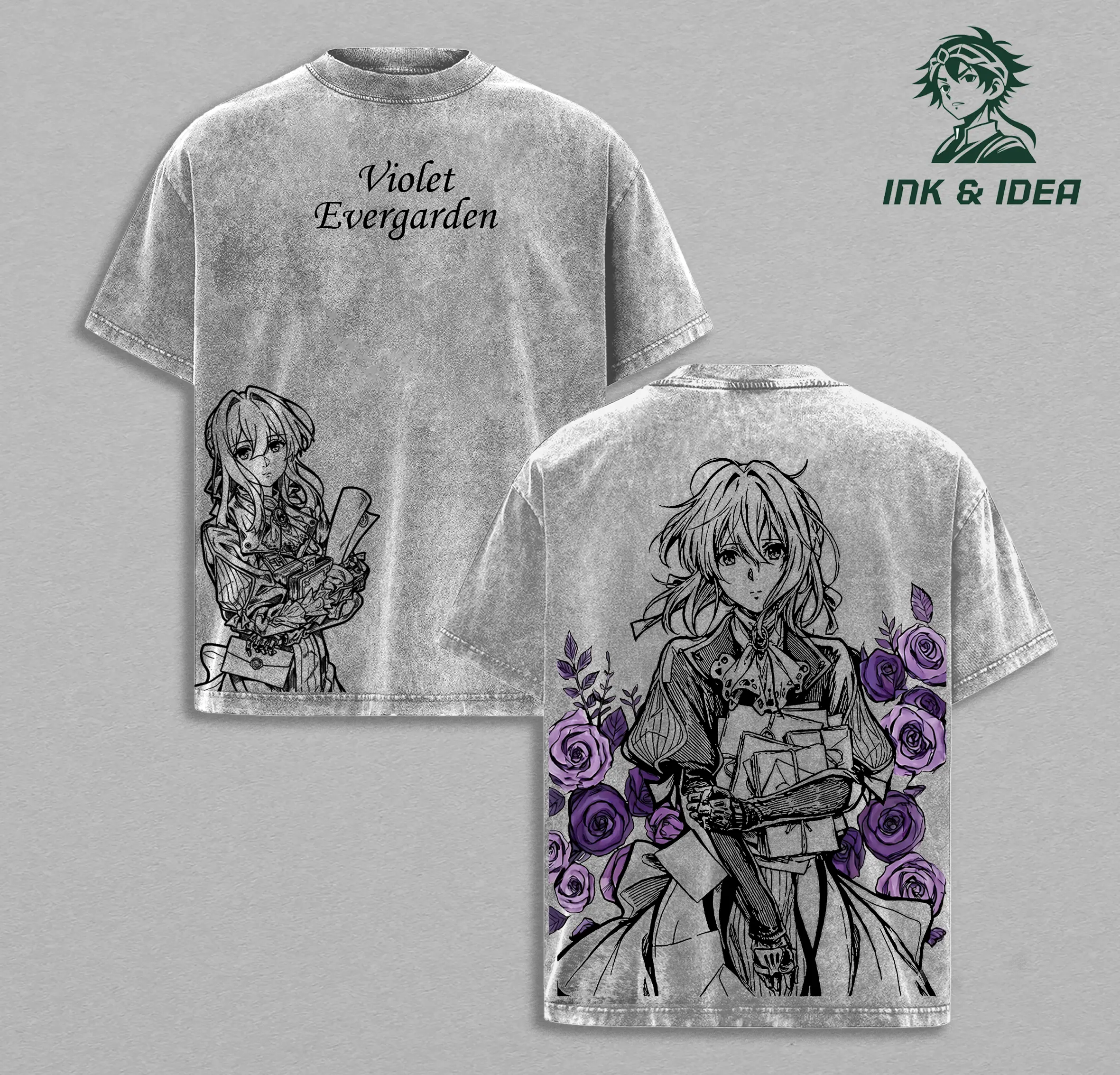 Violet Evergarden Anime T Shirt Emotional Letter Girl Rose Floral Back Graphic Vintage Washed Oversized Japanese Streetwear Heavyweight Cotton Unisex Manga Tee