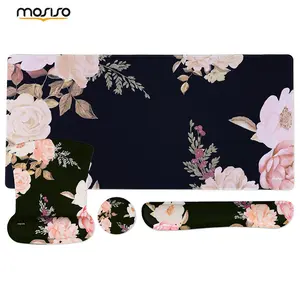 MOSISO Keyboard Mouse Pad Set, Large Gaming Mousepad&Keyboard Wrist Rest&Mouse Pad with Wrist Rest&Coaster, Peony Ergonomic Non-Slip Mousepad with Raised Memory Foam for Home Office