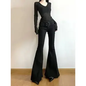 Women's Black Jeans Flare Pants Y2k Retro Emo 2000s Streetwear Fashion Trousers Harajuku Wide Yoga Pants 90s Aesthetic Clothes Can be used with a raincoat