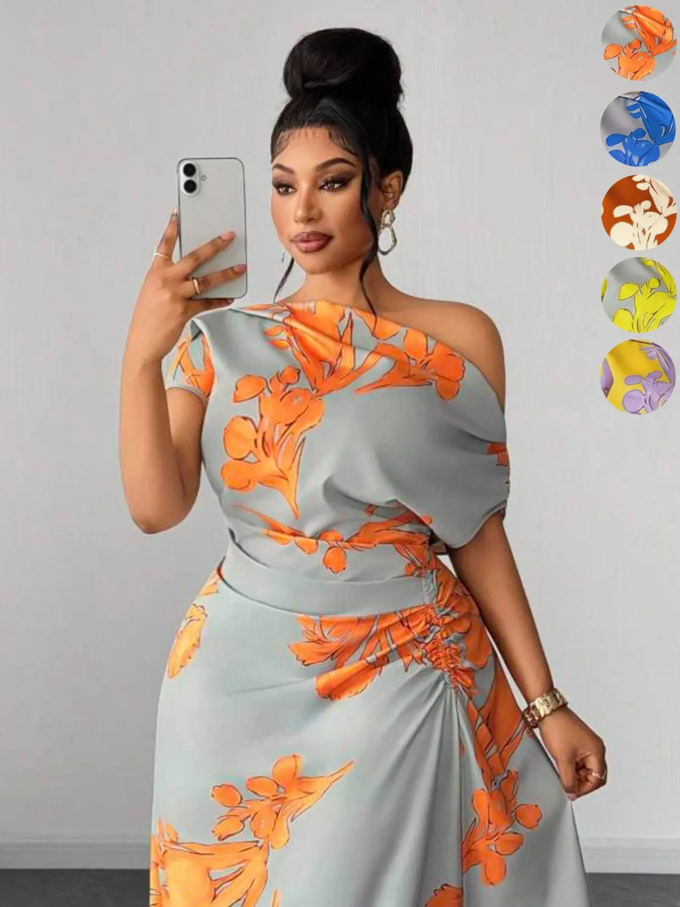 Plus Size Asymmetrical Shoulder Printed Dress, Waist-Cropped A-Line Elegant Long Dress, European Style Party Evening Gown for Weddings, Parties, Dates