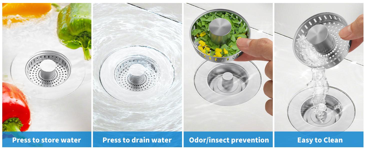 3-in-1 Kitchen Sink Drain Strainer, Stainless Steel Sink Plug, Deodorizing Anti-Clog Basket Strainer for US Standard 3-1/2 Inch Drains
