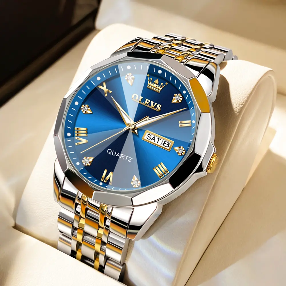 OLEVS Men's Luxury Business Quartz Watch Two Tone Gold Silver Stainless Steel Blue Dial Waterproof Luminous Roman Numerals Diamond Accent Calendar Day Date Window Fashion Casual Trendy Male Wrist Watch Perfect Birthday Anniversary Gift G9931