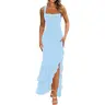 BORIFLORS Women's Polyester Sleeveless Square Neck Ruched Mesh Maxi Dress - Stretchy, Flowy Ruffle Classy Formal Wear, Wedding Guest Going Out Outfit, BabyBlue Summer Coquette Aesthetic Women's Dresses