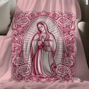 Cozy Pink Virgin Mary Velvet Flannel Blanket - Premium Flannel Material Super Soft Floral Pattern Plush Throw for Mom Grandma Sofa Bed Travel Living Room Meditation Mother's Day Valentine's Day Birthday Christmas Gift