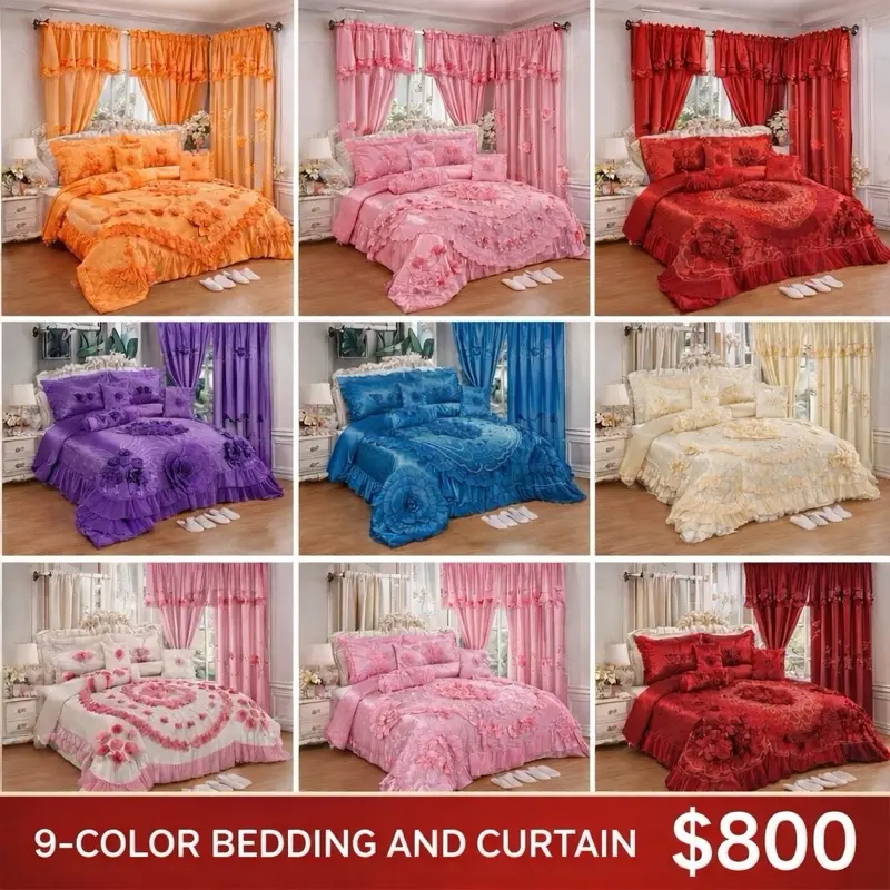 Luxury Floral Bedding & Curtain Set – 9 Color Collection (Full Bedroom Set)