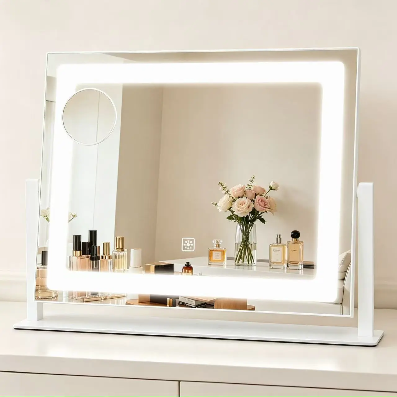 Vanity Mirror With Lights 16x12 LED Makeup Mirror Smart Touch Control 3 Color Lighting Adjustable Brightness Cosmetic Mirror for Bedroom Vanity Desk Beauty Routine