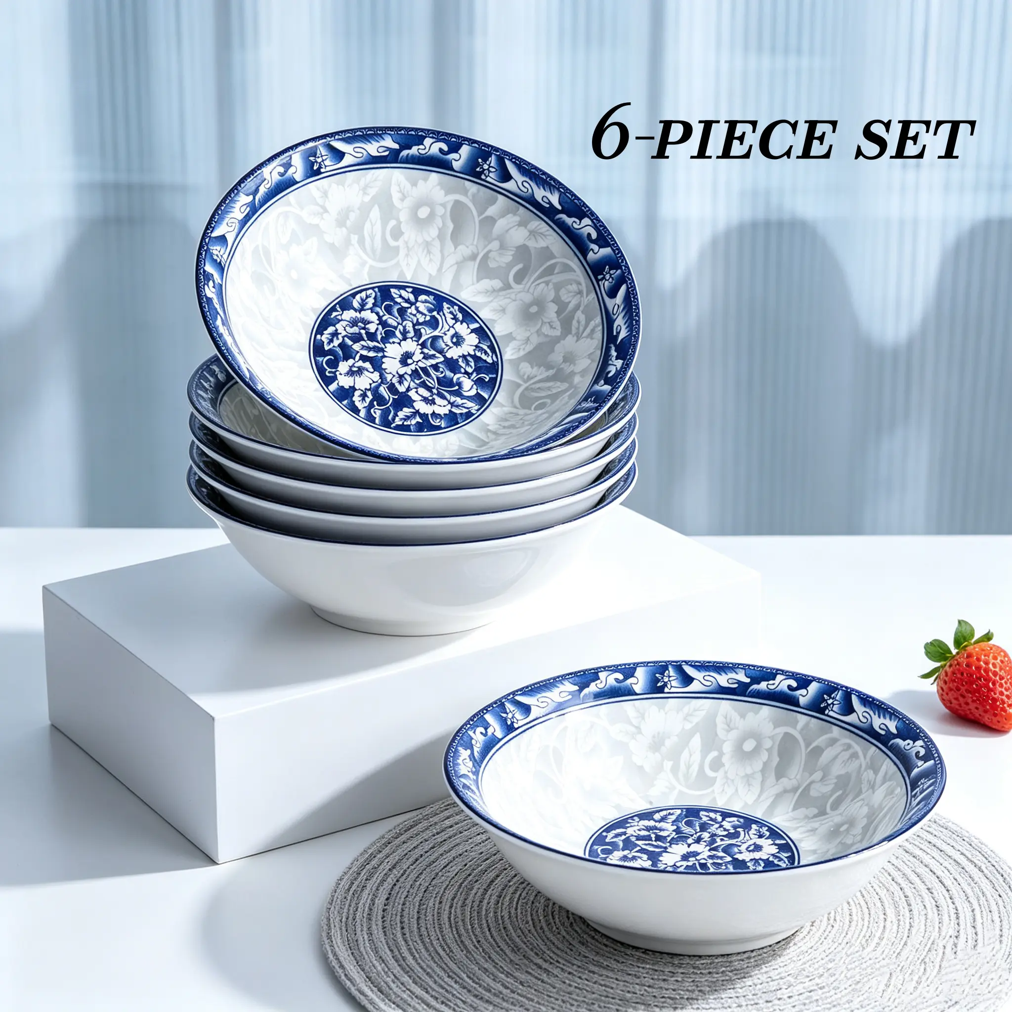 6pcs retro 6-inch blue and white ceramic bowl, high temperature resistant, microwave washable, dishwasher washable, suitable for household use, pasta, salad, fruit, holiday gatherings, restaurant kitchens, universal durable tableware