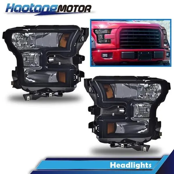 CROSSDESIGN Vehicle-Specific Pair Kit for 2015-2017 Ford F150, Smoke Black Lens Front Lamp Assembly with Amber Corners, Car Exterior Upgrade Truck Headlight Set