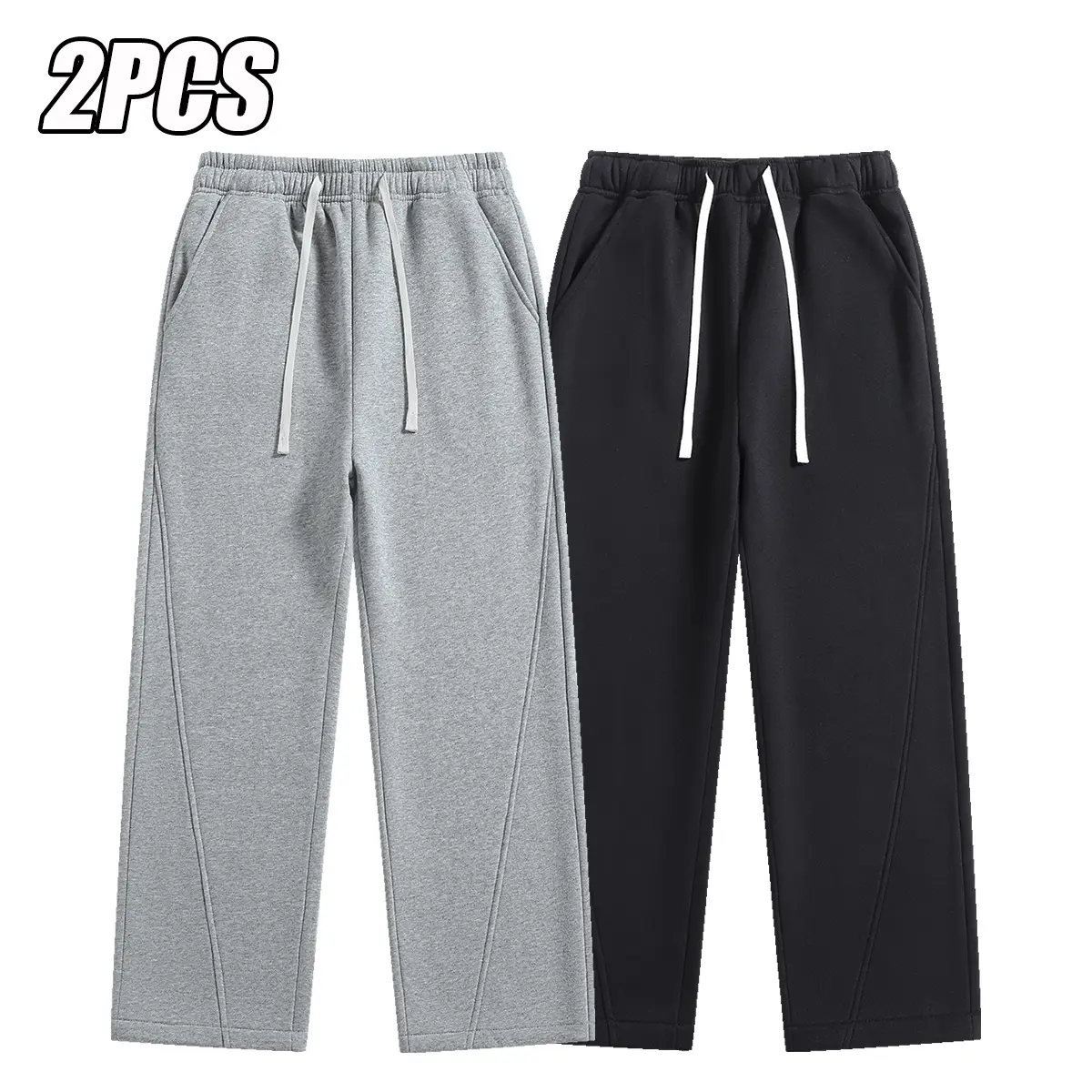 2PCS Men's Drawstring Wide Leg Sweatpants, Elastic Waist Loose Fit Casual Track Pants, Stitching Detail Trousers with Side Pockets, Comfort Daily Streetwear Athletic Bottoms