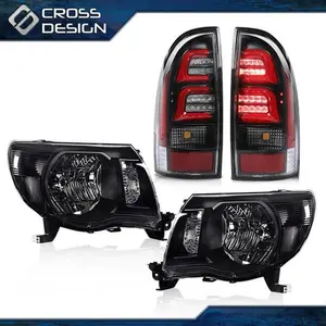 CROSSDESIGN Clear/Black Headlights & 3D LED Tube Bar Tail Lights Fit For 05-11 Toyota Tacoma