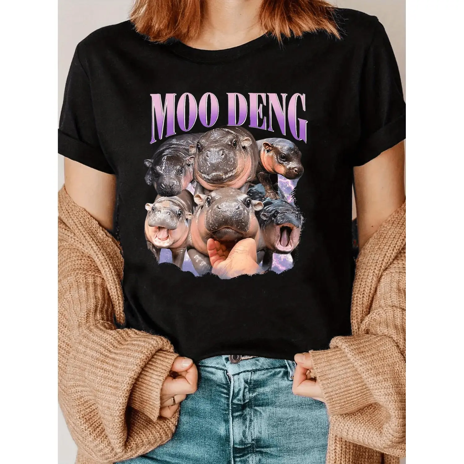 Casual Women s Crew Neck T Shirt Featuring Moo Deng Hippo Cartoon Print Made from Polyester Blend Knit Fabric