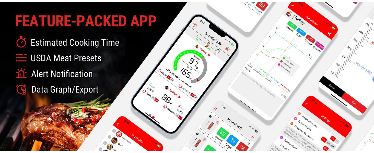 【Black Friday Pick】TempSpike Core Bluetooth Meat Thermometer – Base Single-Probe Model, Rechargeable, Waterproof, High Accuracy, Fast Readings, App Compatible, and Programmable Alarm Kitchen Home Utensils Stainless Steel