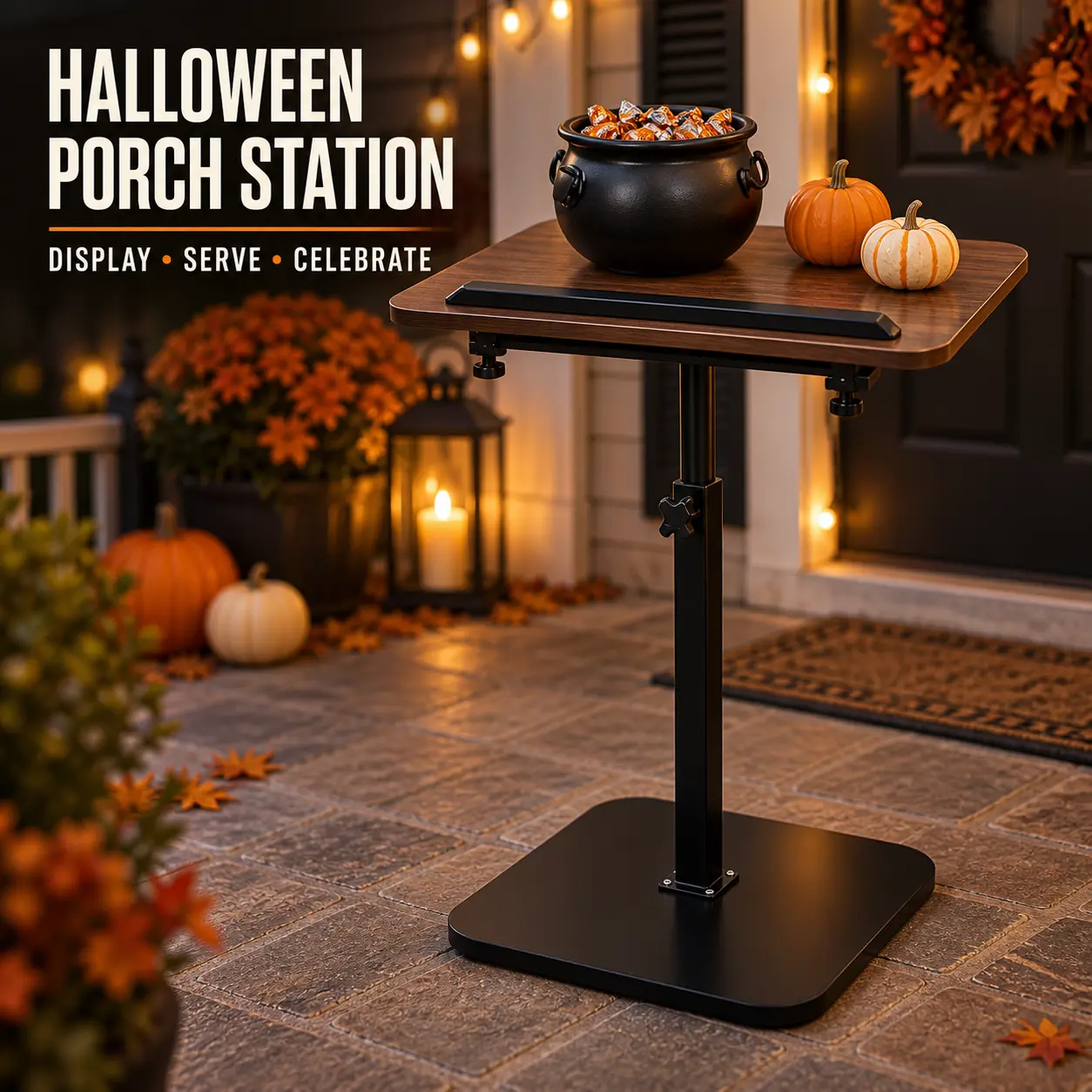 Halloween Candy Table & Porch Station | Adjustable Height C-Shaped TV Tray | 360° Swivel Sofa Side Table with Heavy Metal Base | Mobile Snack Tray for Trick-or-Treat & Living Room