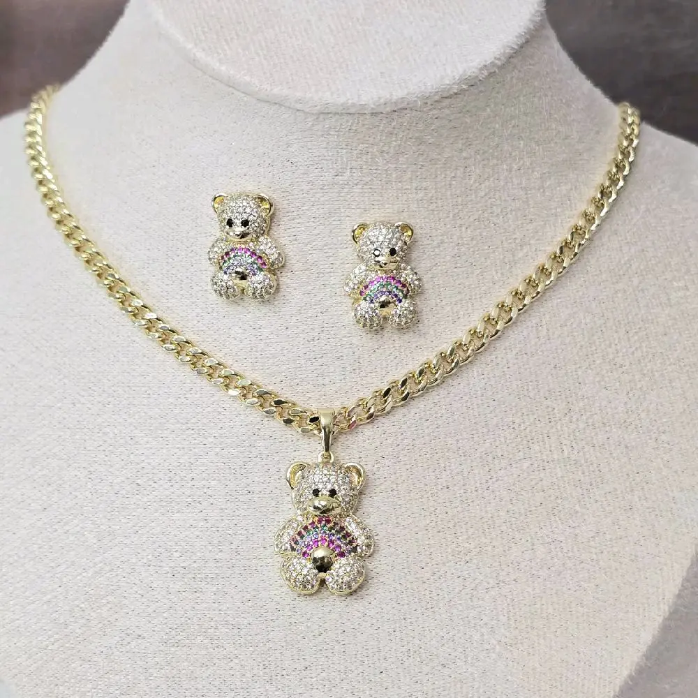 Bear Pendant Necklace Set with Earrings Cuban Chain Water-Resistant High-Quality Gift for Birthdays Anniversaries or Christmas
