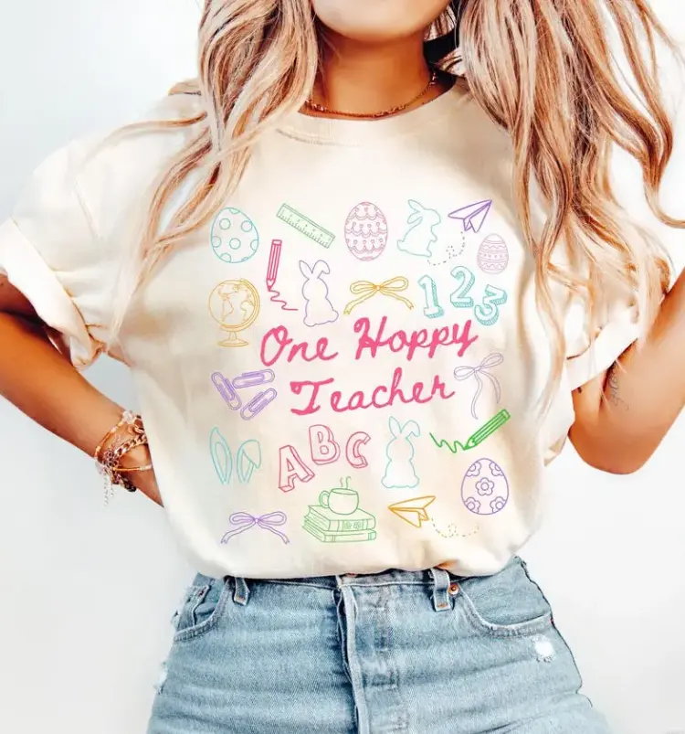 Comfort Colors One Happy Teacher Shirt, Easter Teacher Shirt, Cute Spring Teacher Graphic Tee, Bunny Easter Classroom Shirt, Preschool Kindergarten Teacher Gift Tee