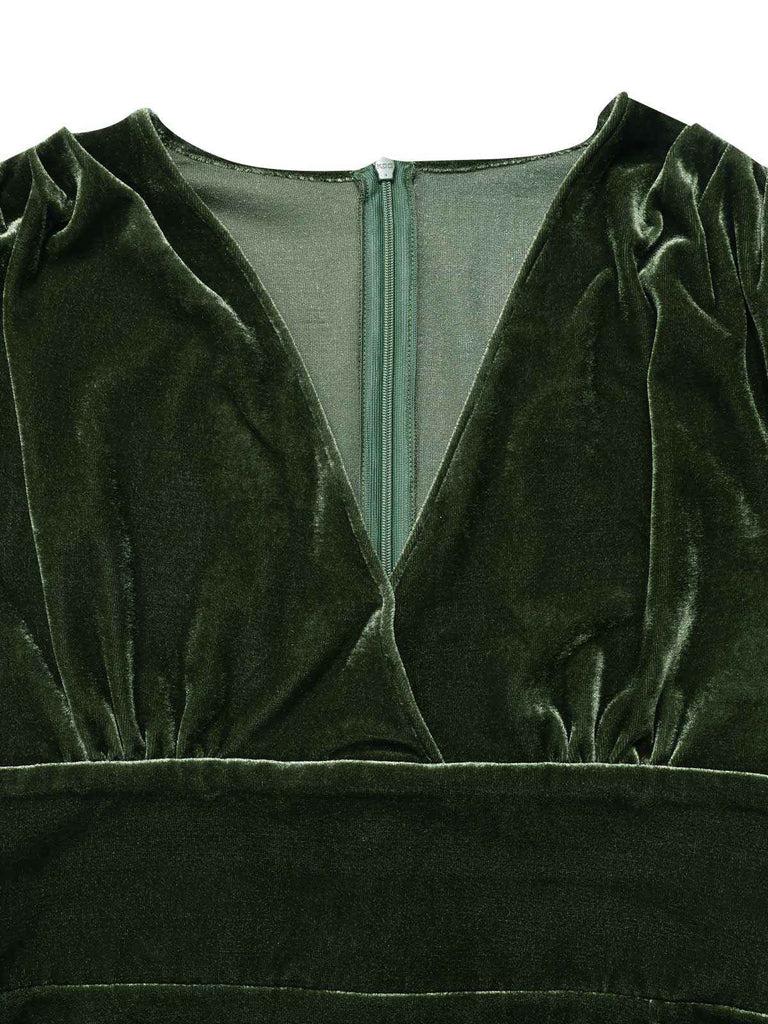 1940s Deep V-Neck Pearl Velvet Dress with Fur Buttons Vintage Casual Polyester Green Womenswear
