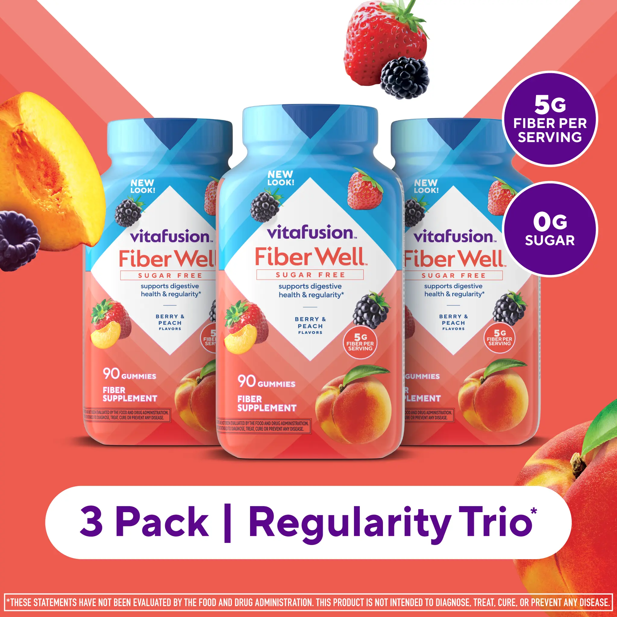 3x Vitafusion Fiber Well Sugar Free Gummies - Regularity Trio - 5g - Berry & Peach Flavor Fiber Gummies - Supports Digestive Health & Regularity - 270 Gummies - 3 Pack