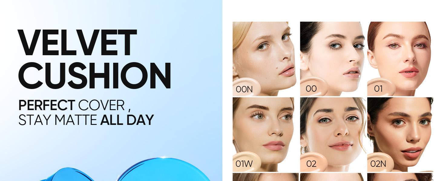 [New Shade Launch] SKINTIFIC Velvet Matte Cushion Foundation Blue Ultra Cover Powder Foundation, 12h Oil-Control, Lightweight, Long-Lasting, Waterproof Korean Cushion Makeup