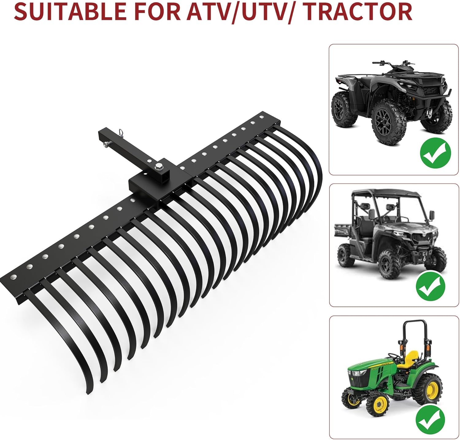YITAMOTOR 48" / 60" Tow Behind Landscape Rake, 2" Receiver Lown Dethatcher Rack with 17 / 21 Steel Tines for ATV/UTV & 3-Point Hitch Systems Tractor, for Leaves, Debris, Grass, Pine Needles  Garden Manuallawnmower