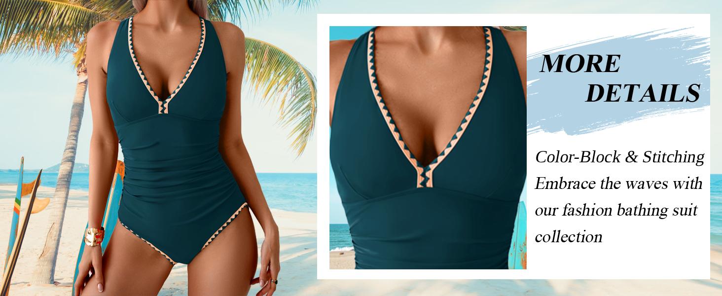 B2LOVER One Piece Swimsuit for Women Tummy Control Ruched Bathing Suit Push Up Tie Back Swimwear Shell Stitched