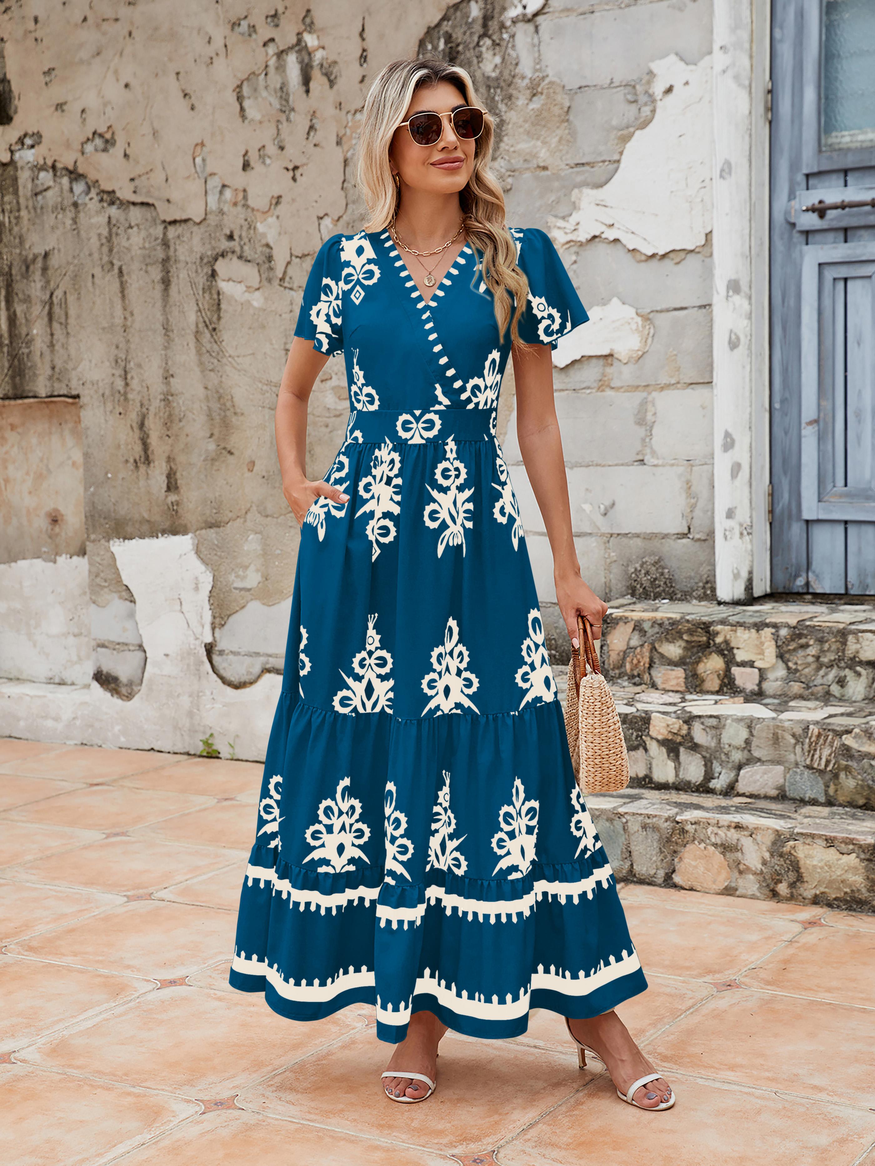 PrettyGarden Women's Summer Casual V Neck Boho Maxi Dress Flowy Aline Bell Sleeve Tiered Floral Dresses with Pocket Comfort Bohemian Womenswear V-Neck Short Sleeve