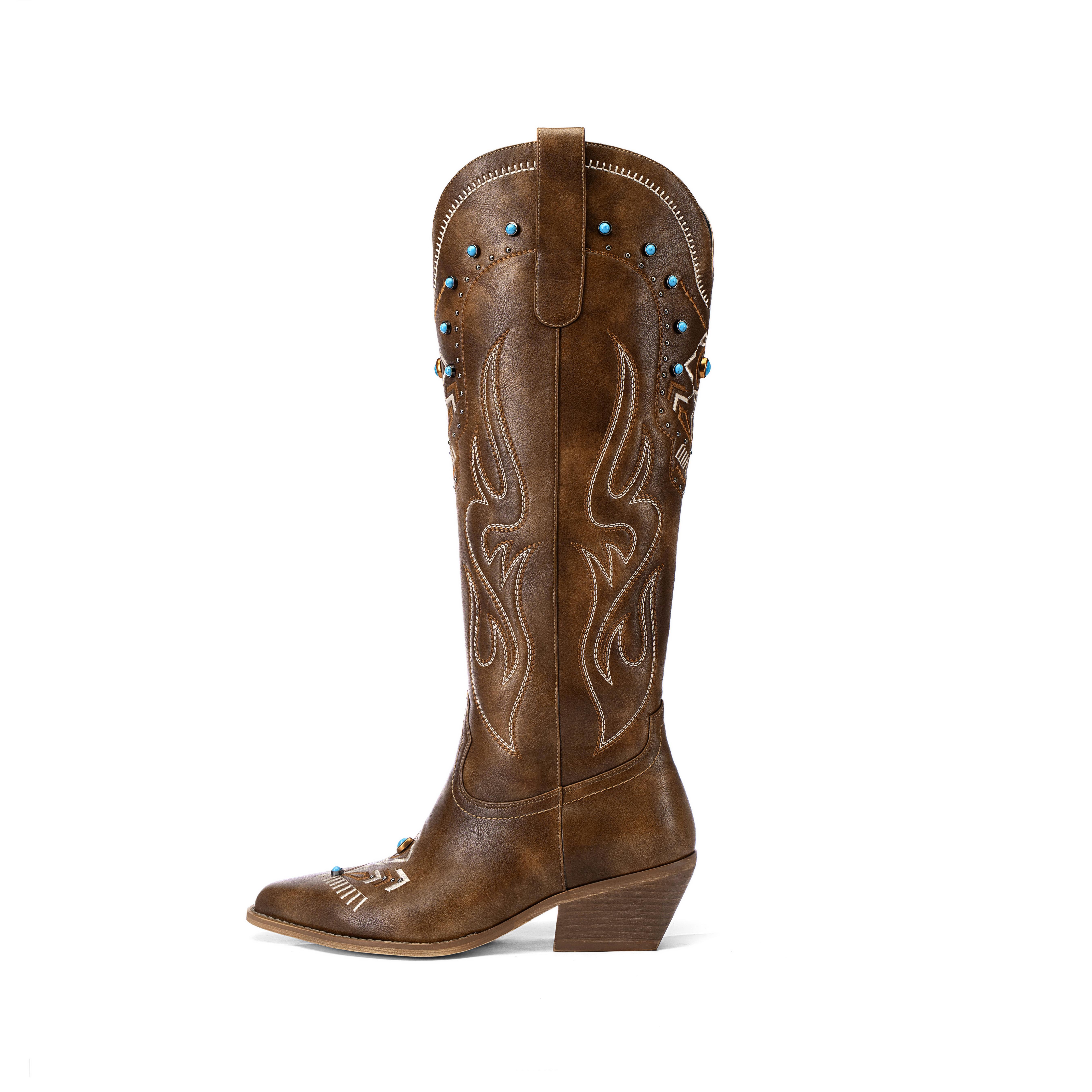 ReneChristine Women's Embroidery Western Cowboy Boots with Studs & Emerald Gemstones, Knee High Wide Calf Cowgirl Boots for Gatherings Weekend Hangouts Black Leather fur boots knee high boots boots for fall thigh high boots brown boots cowgirl boots Sprin