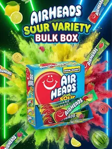 Airheads SOUR Bars, Variety Bulk Box, Sour Watermelon Punch, Blue Blast, and Lemon Berry Squeeze flavored candy, 60 Individually Wrapped Full Size Bars