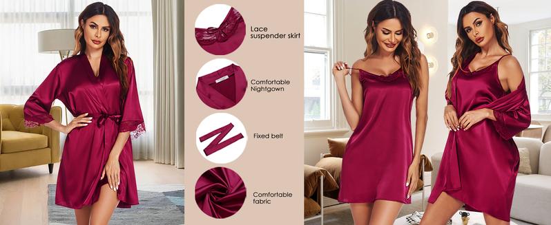 Ekouaer Women's Silk Robe Pajama Set 2-piece Sexy Lace Pajama Set, Silk Sexy Strap Skirt and Matching Rope Robe Pajama Set, s-XXL Comfort Satin