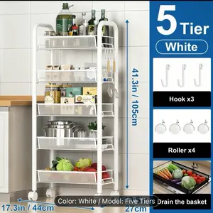 5 Tier Kitchen Dining Side Cart - A Carbon Steel Storage Solution, This Multifunctional Metal Rolling Cart Is Easy to Maneuver And Perfect for Organizing Snacks. It'S an Ideal Space-Saving Storage Rack for Your Home, Living Room, Kitchen