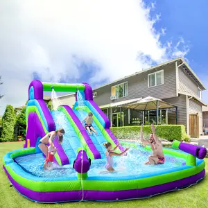 Purple Green Inflatable Double Water Slide With Climbing Wall Large Splash Pool Backyard Kids Water Park With Blower Accessories Summer Water Play Fun